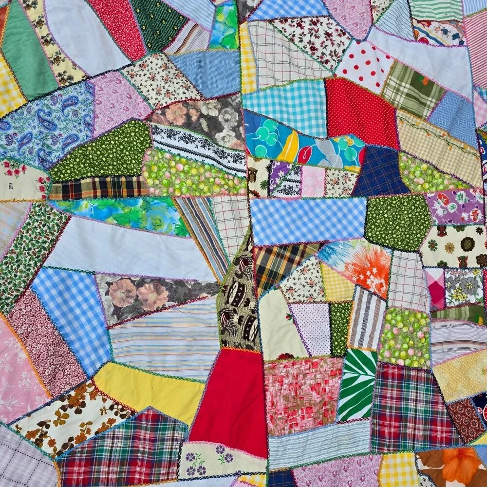 Vintage Crazy Quilt Top 1940s 50s Feedsack Patchwork Hand Embroidery 66x85